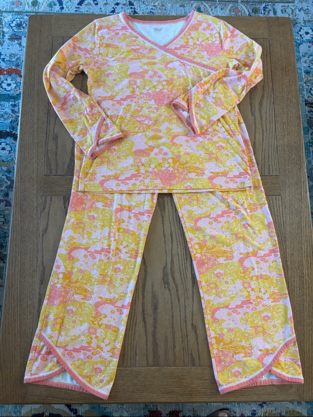 Garnet Hill Asian Wrap Organic Cotton 2 Pc Pajama Set Pink & Gold Floral SMALL